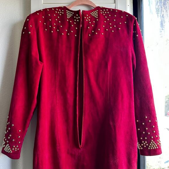 Vintage 80s Pia Rucci Gold Studded Red Suede Leather Dress size 14 - Picture 11 of 16